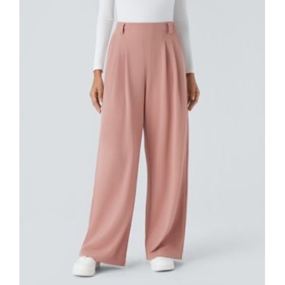 Halara Waffle Flex High Waisted Wide Leg Work Pants Rose Tan Medium